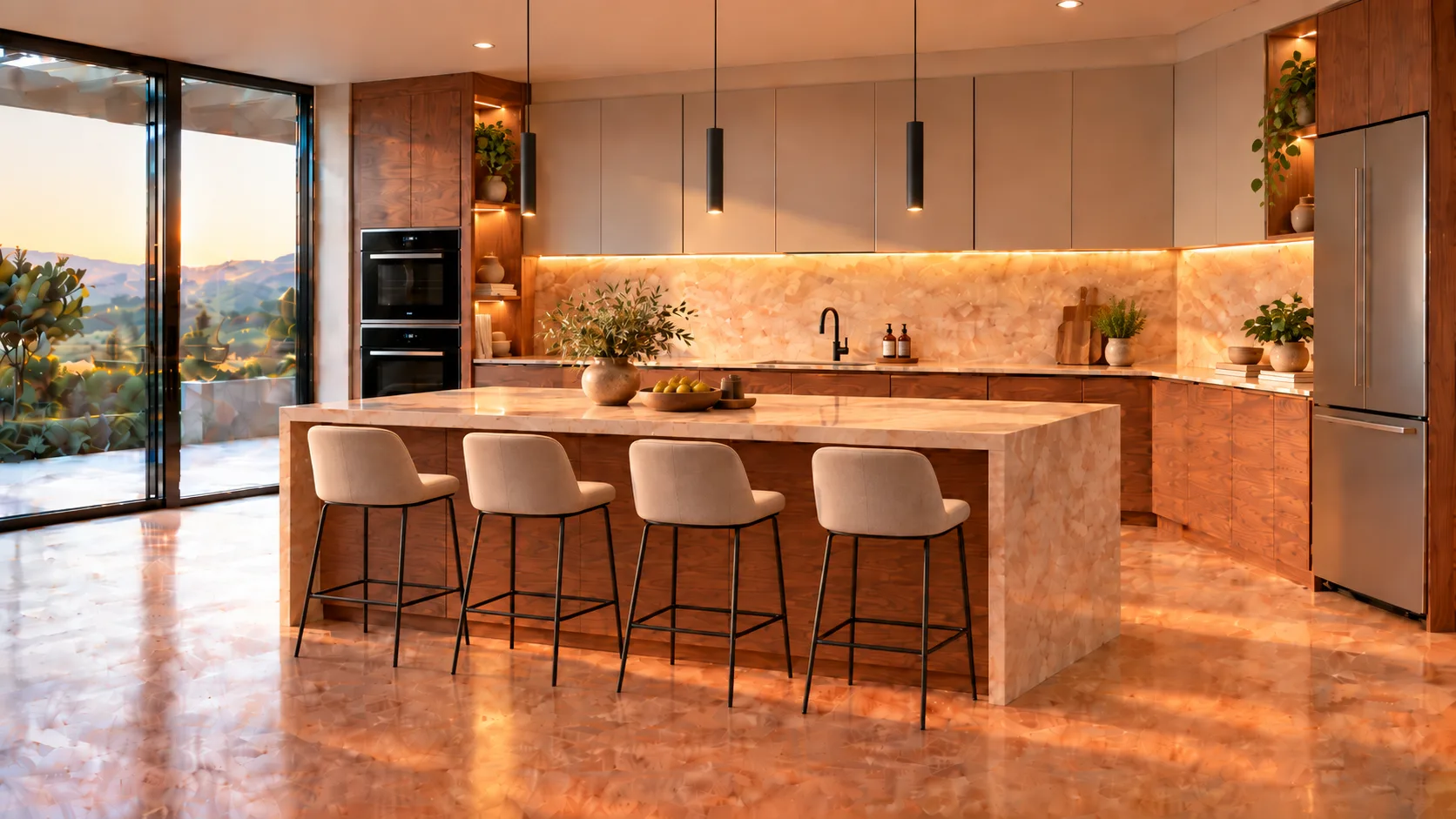 Cocina terminada con isla, banquetas e iluminación